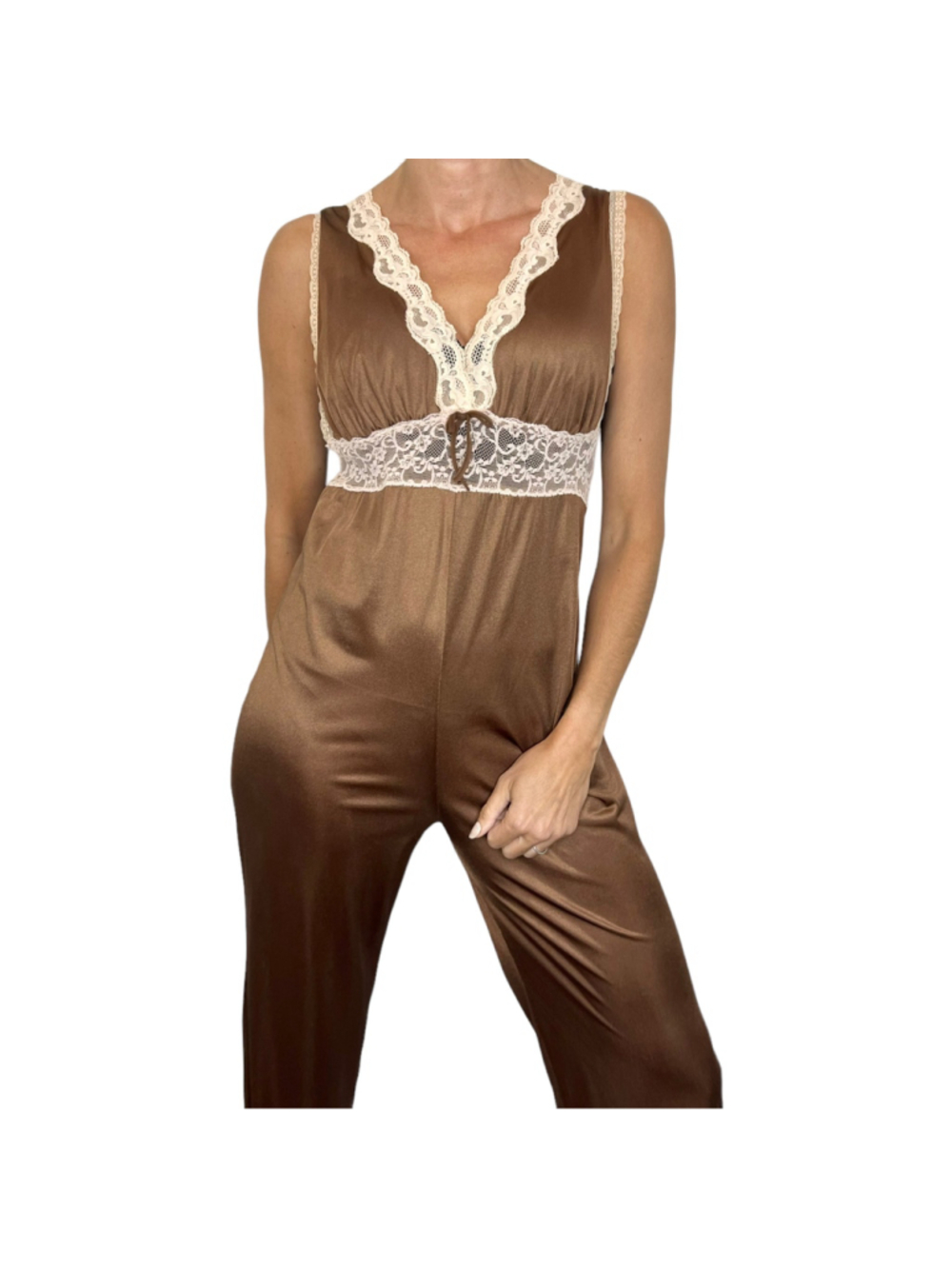 Rare VTG 70s Darling Toronto brown nylon lace trim retro lounge jumpsuit